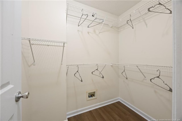 walk in closet with dark wood-type flooring