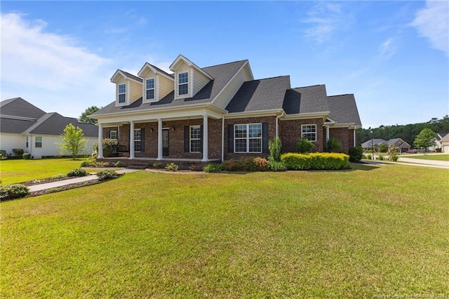 new england style home with brick siding, a front lawn, and a porch