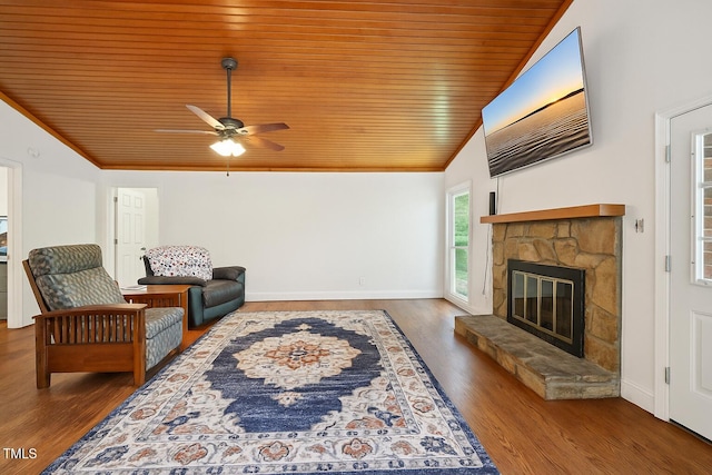 103 Lakeway Ct, Cary, NC 27511 - living area with wooden ceiling, vaulted ceiling, ceiling fan, a fireplace, and wood finished floors