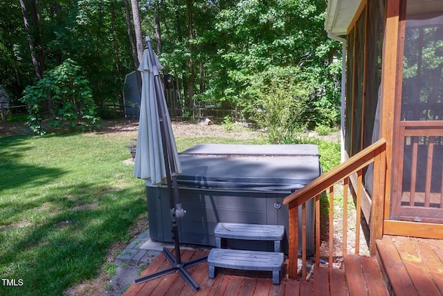 5917 Clearsprings Dr, Wake Forest, NC 27587 - wooden terrace featuring a hot tub and a lawn