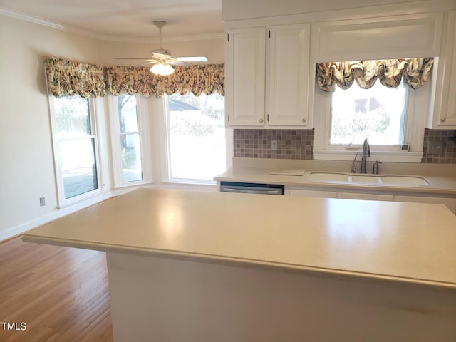 1711 Westbrook Dr NW, Wilson, NC 27896 - kitchen featuring a sink, a ceiling fan, ornamental molding, white cabinetry, and light countertops