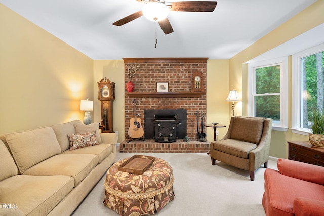 4004 Bamburgh Ln, Apex, NC 27539 - carpeted living room with a wood stove, ceiling fan, and baseboards