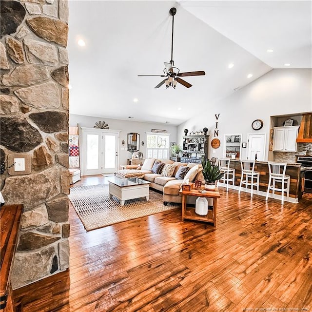 1303 Palestine Rd, Linden, NC 28356 - living room with ceiling fan, wood-type flooring, high vaulted ceiling, and recessed lighting