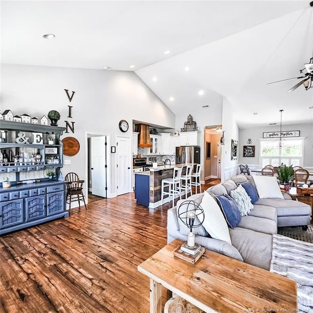 1303 Palestine Rd, Linden, NC 28356 - living area with ceiling fan, dark wood finished floors, high vaulted ceiling, and recessed lighting
