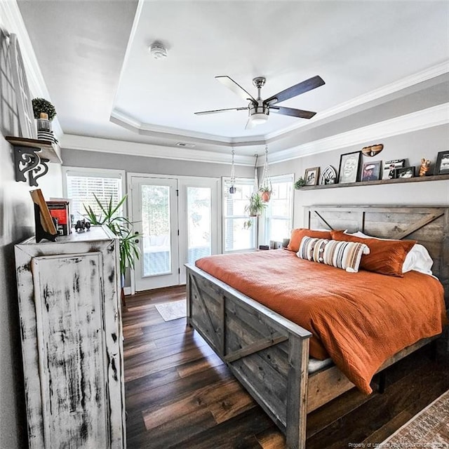 1303 Palestine Rd, Linden, NC 28356 - bedroom featuring a raised ceiling, access to exterior, dark wood-type flooring, multiple windows, and ornamental molding