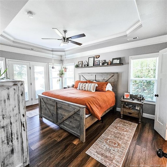 1303 Palestine Rd, Linden, NC 28356 - bedroom with a tray ceiling, wood-type flooring, crown molding, access to exterior, and a ceiling fan