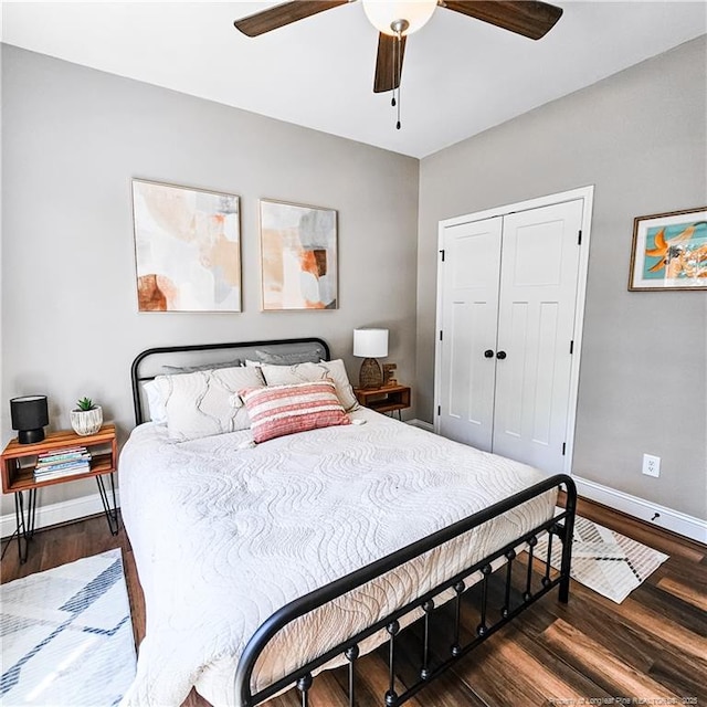 1303 Palestine Rd, Linden, NC 28356 - bedroom with wood finished floors, baseboards, a closet, and ceiling fan