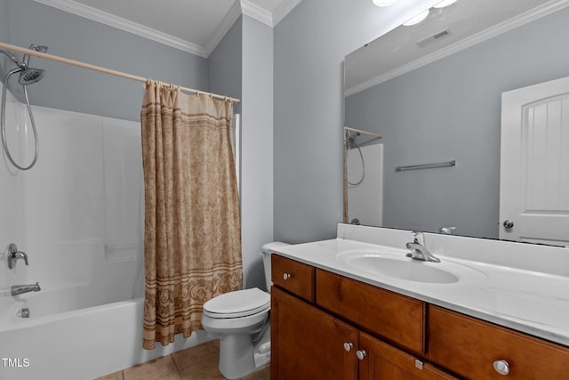 39 Mcguire Ln, Clayton, NC 27527 - bathroom featuring crown molding, tile patterned floors, vanity, shower / bath combo with shower curtain, and toilet
