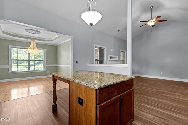 39 Mcguire Ln, Clayton, NC 27527 - kitchen featuring open floor plan, wood finished floors, baseboards, and vaulted ceiling