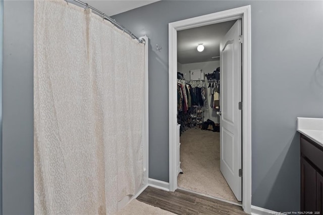 1324 Homeland Dr, Parkton, NC 28371 - bathroom with wood finished floors, vanity, baseboards, and a spacious closet