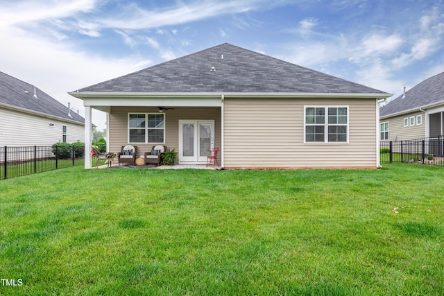 1096 Aberlour Ln, Burlington, NC 27215 - rear view of property with a ceiling fan, a patio, a shingled roof, and outdoor lounge area