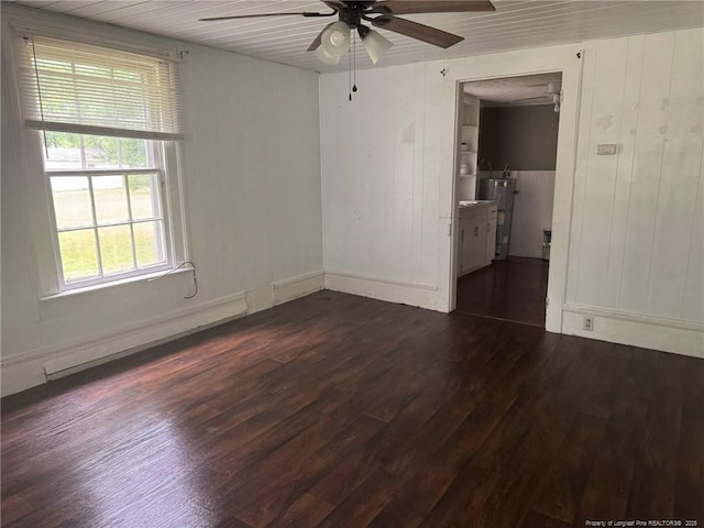 unfurnished room featuring a ceiling fan, dark wood-type flooring, water heater, and wooden walls
