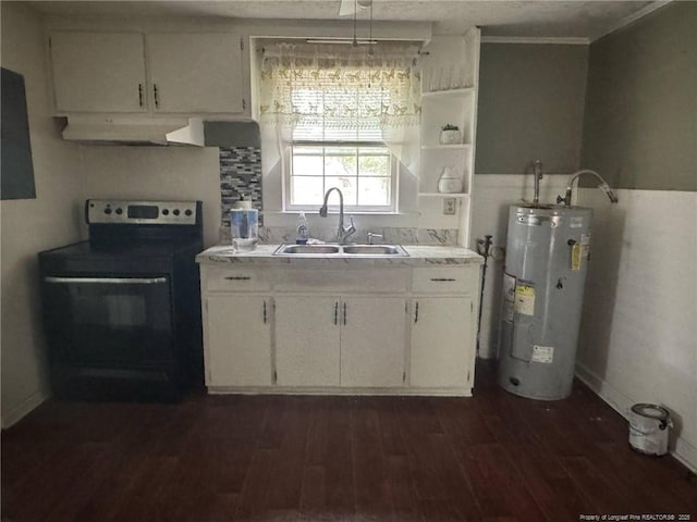 kitchen featuring range with electric cooktop, water heater, a sink, dark wood finished floors, and white cabinets