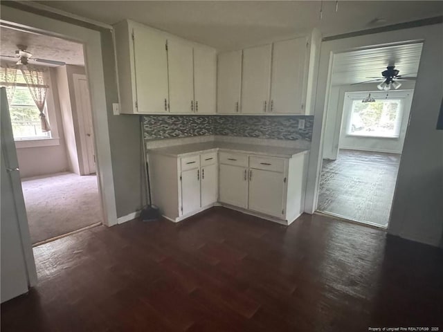 kitchen featuring a ceiling fan, light countertops, and plenty of natural light