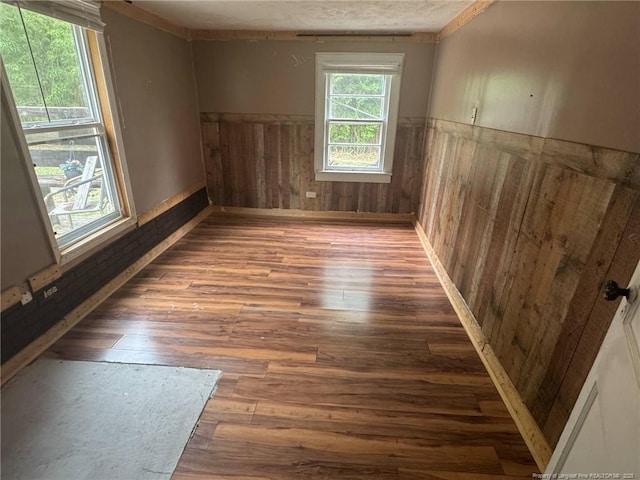 unfurnished room featuring a wainscoted wall, wood walls, and wood-type flooring