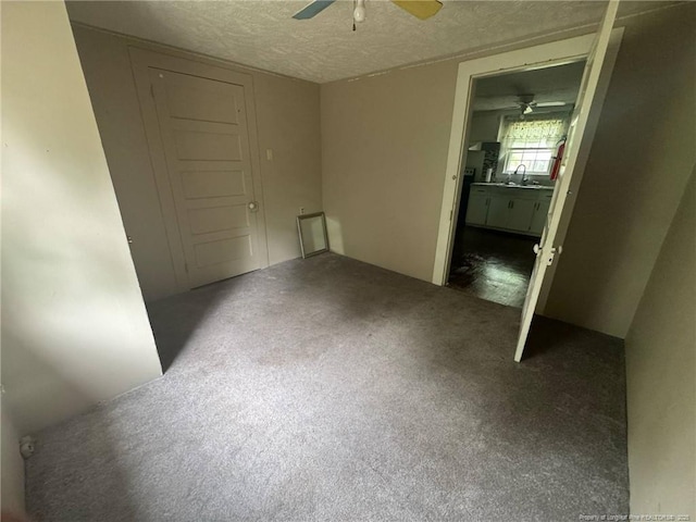 spare room featuring ceiling fan, a textured ceiling, carpet, and a sink