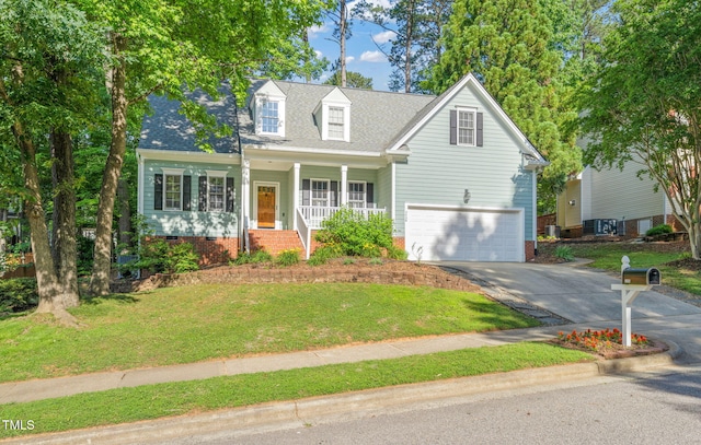 2408 Fordcrest Dr, Apex, NC 27502 - new england style home featuring concrete driveway, a garage, a porch, a front lawn, and crawl space