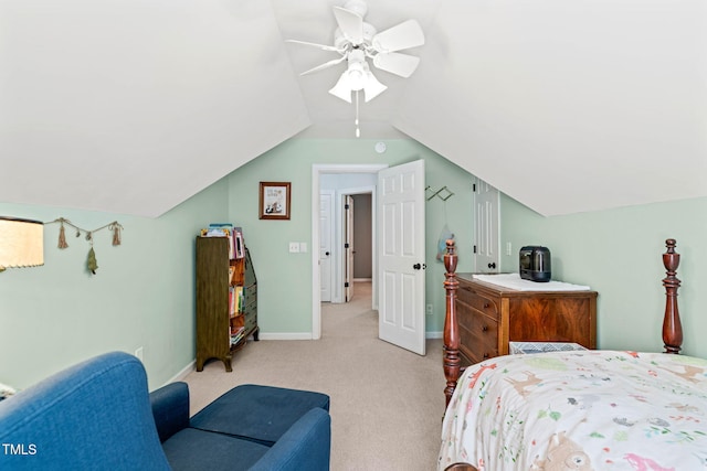2408 Fordcrest Dr, Apex, NC 27502 - bedroom with light carpet, a ceiling fan, lofted ceiling, and baseboards