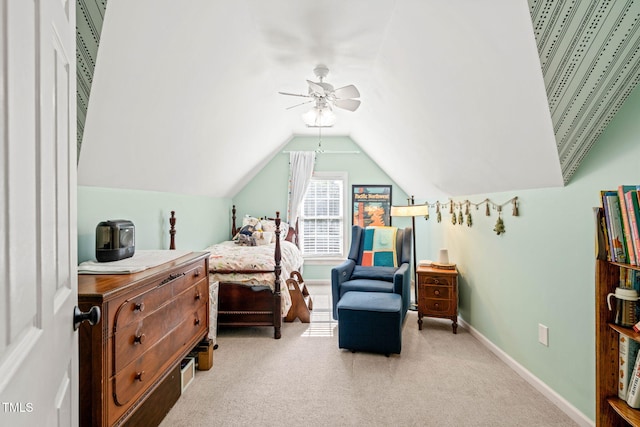 2408 Fordcrest Dr, Apex, NC 27502 - bedroom featuring light carpet, baseboards, vaulted ceiling, and ceiling fan