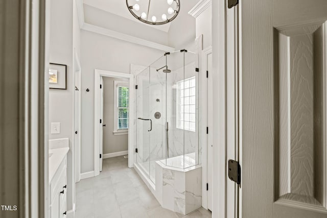2408 Fordcrest Dr, Apex, NC 27502 - bathroom with a marble finish shower, vanity, a chandelier, and baseboards