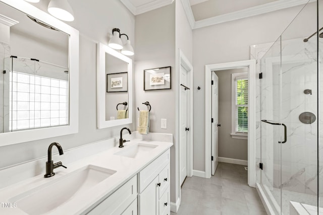 2408 Fordcrest Dr, Apex, NC 27502 - bathroom featuring double vanity, crown molding, a marble finish shower, and baseboards