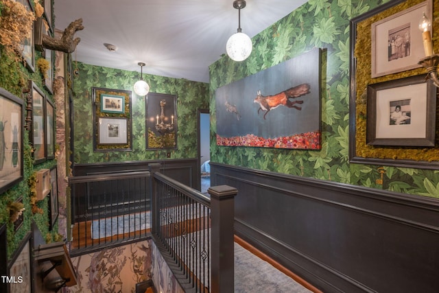 3325 Falls River Ave, Raleigh, NC 27614 - stairs with wallpapered walls and a wainscoted wall