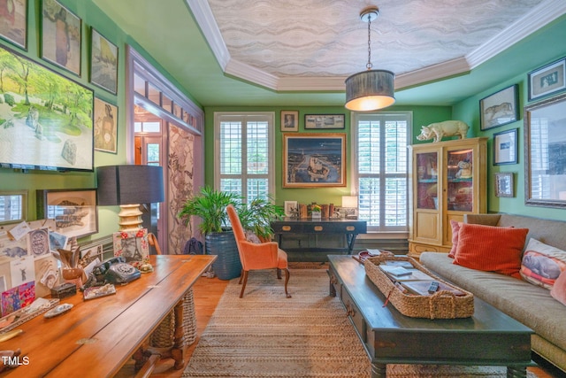 3325 Falls River Ave, Raleigh, NC 27614 - office area with a raised ceiling, ornamental molding, and wood finished floors