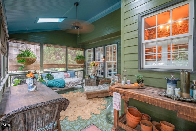 3325 Falls River Ave, Raleigh, NC 27614 - sunroom with outdoor lounge area, a ceiling fan, a skylight, and lofted ceiling