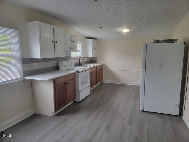 3354 Altamahaw Church St, Elon, NC 27244 - kitchen with white appliances, a sink, under cabinet range hood, light wood-style floors, and lofted ceiling
