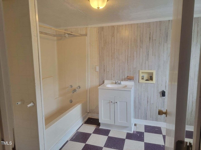 3354 Altamahaw Church St, Elon, NC 27244 - full bath featuring tile patterned floors, wooden walls, vanity, and  shower combination