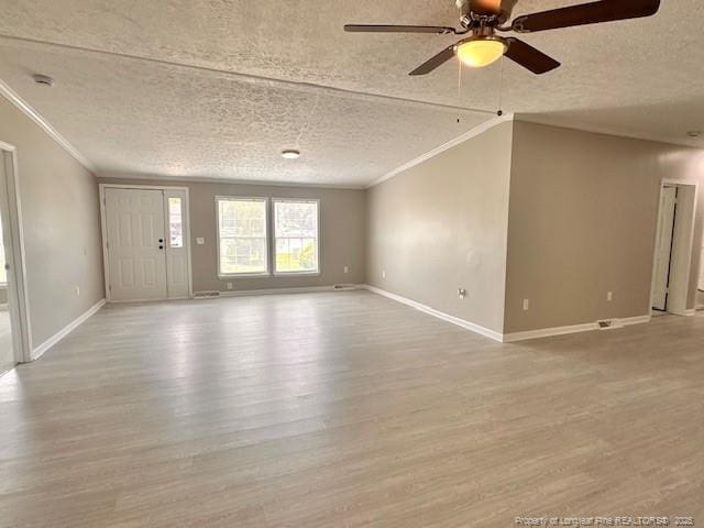 unfurnished living room with crown molding, a textured ceiling, light wood-style flooring, baseboards, and a ceiling fan