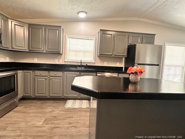 kitchen with stainless steel appliances, a sink, gray cabinetry, dark countertops, and lofted ceiling