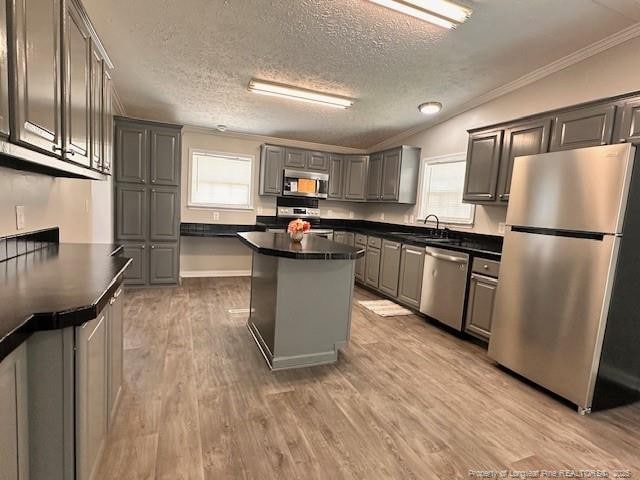 kitchen featuring appliances with stainless steel finishes, gray cabinets, healthy amount of natural light, ornamental molding, and a textured ceiling