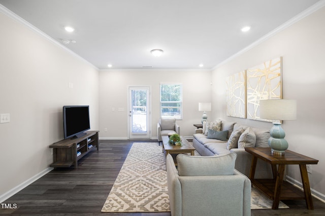 1007 Sora Way, Durham, NC 27703 - living room with dark wood-style floors, baseboards, recessed lighting, and crown molding