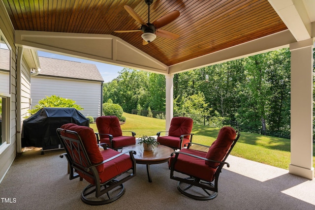 211 Ibis Ln, Durham, NC 27703 - view of patio with grilling area, ceiling fan, an outdoor living space, and view of wooded area