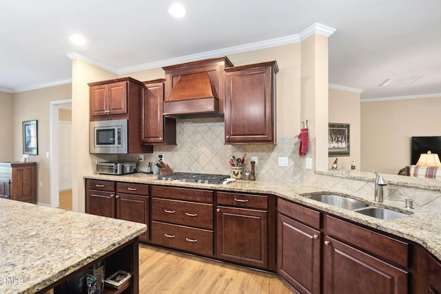 211 Ibis Ln, Durham, NC 27703 - kitchen featuring a sink, custom exhaust hood, stainless steel appliances, light wood-type flooring, and tasteful backsplash