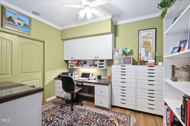 211 Ibis Ln, Durham, NC 27703 - office area featuring crown molding, wood finished floors, and a ceiling fan