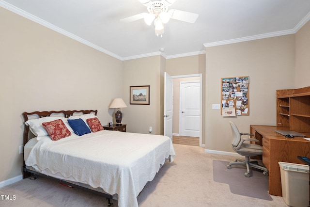 211 Ibis Ln, Durham, NC 27703 - bedroom with crown molding, light carpet, baseboards, a desk, and a ceiling fan