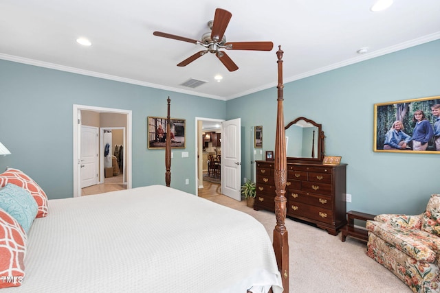 211 Ibis Ln, Durham, NC 27703 - bedroom with crown molding, recessed lighting, light colored carpet, a ceiling fan, and baseboards
