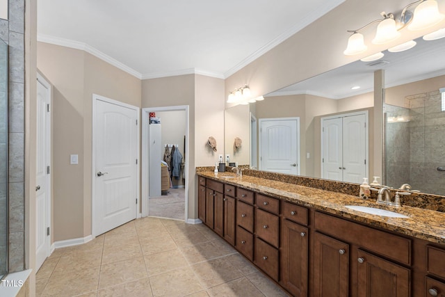 211 Ibis Ln, Durham, NC 27703 - full bath featuring a tile shower, double vanity, baseboards, ornamental molding, and tile patterned flooring