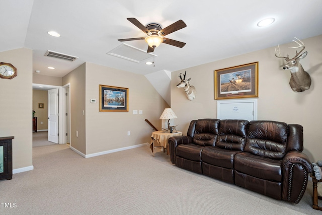 211 Ibis Ln, Durham, NC 27703 - living area with light carpet, recessed lighting, attic access, baseboards, and lofted ceiling