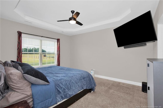 341 Woodington Rd, Hope Mills, NC 28348 - carpeted bedroom with a tray ceiling, ceiling fan, and baseboards