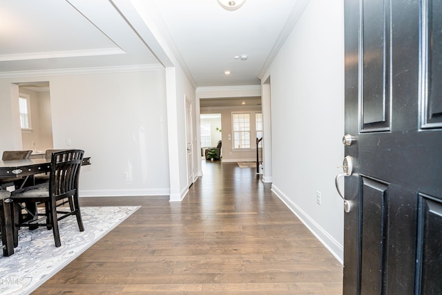 2918 Heirloom Way, Apex, NC 27502 - foyer with wood finished floors, baseboards, ornamental molding, and recessed lighting