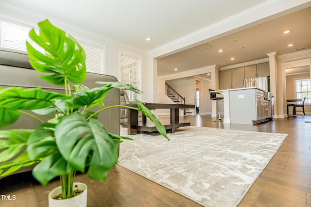 2918 Heirloom Way, Apex, NC 27502 - interior space with stairway, ornamental molding, recessed lighting, dark wood finished floors, and baseboards