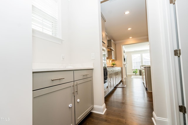 2918 Heirloom Way, Apex, NC 27502 - hallway with ornamental molding, baseboards, dark wood-style floors, and recessed lighting