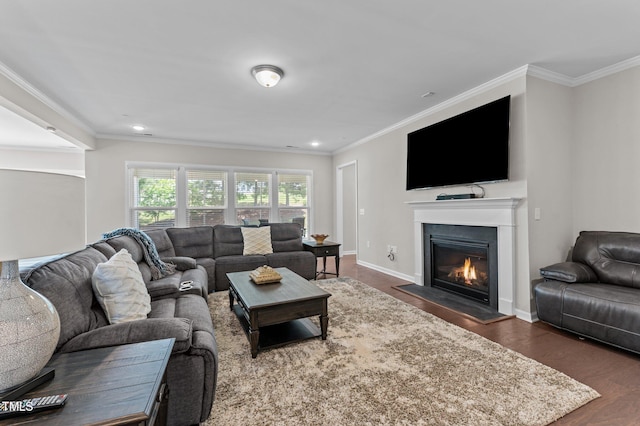 1112 Monterey Bay Dr, Wake Forest, NC 27587 - living room featuring wood finished floors, ornamental molding, a glass covered fireplace, recessed lighting, and baseboards