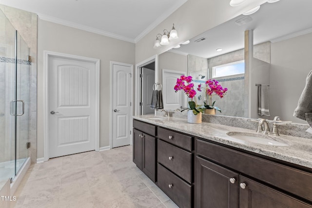1112 Monterey Bay Dr, Wake Forest, NC 27587 - bathroom with crown molding, a stall shower, and double vanity