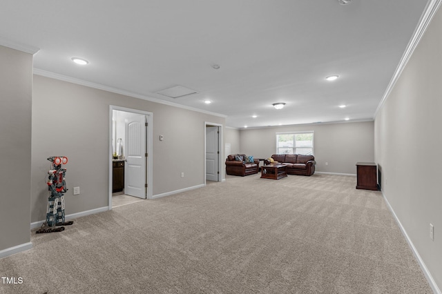 1112 Monterey Bay Dr, Wake Forest, NC 27587 - living area featuring light carpet, crown molding, recessed lighting, and baseboards
