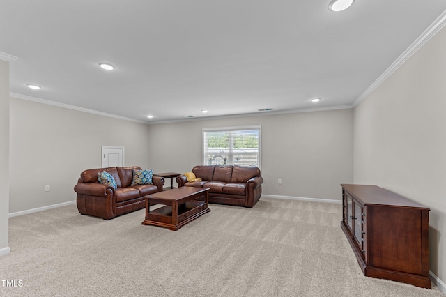1112 Monterey Bay Dr, Wake Forest, NC 27587 - living room featuring baseboards, light colored carpet, ornamental molding, and recessed lighting