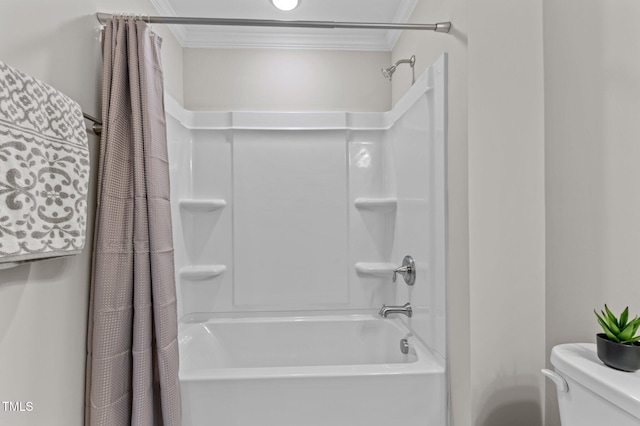 1112 Monterey Bay Dr, Wake Forest, NC 27587 - bathroom with ornamental molding, toilet, and shower / tub combo with curtain